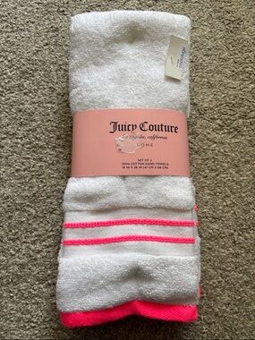 Juicy Couture White Hand Towels with Neon Pink Stripes